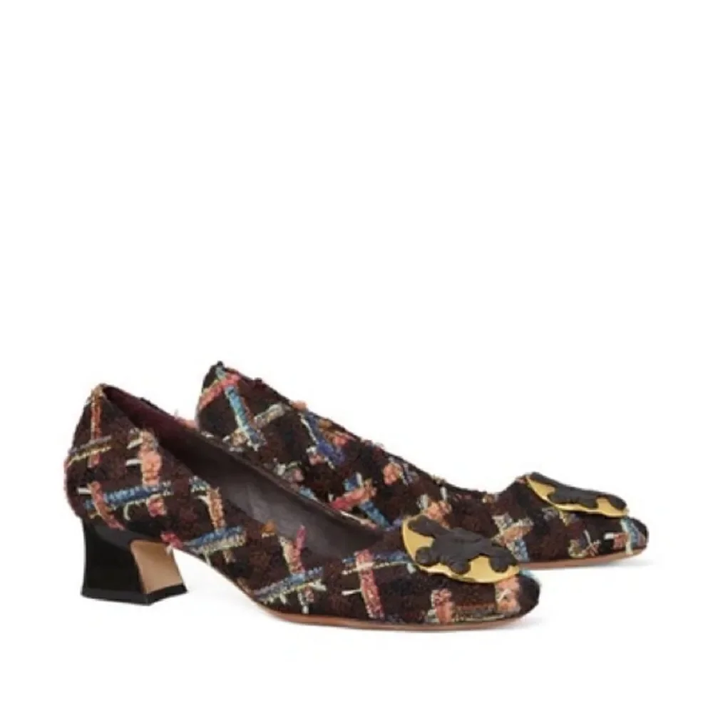 Tory Burch Wool Blend Mixed Media Tweed Plaid Pump In Brown/coco Size 6.5